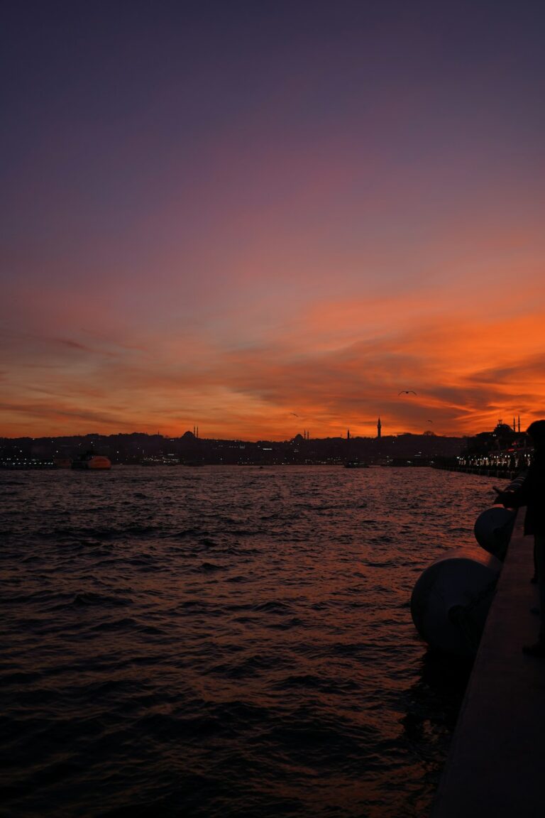 a person standing on a dock watching the sunset