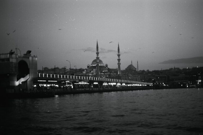 a black and white photo of a city at night