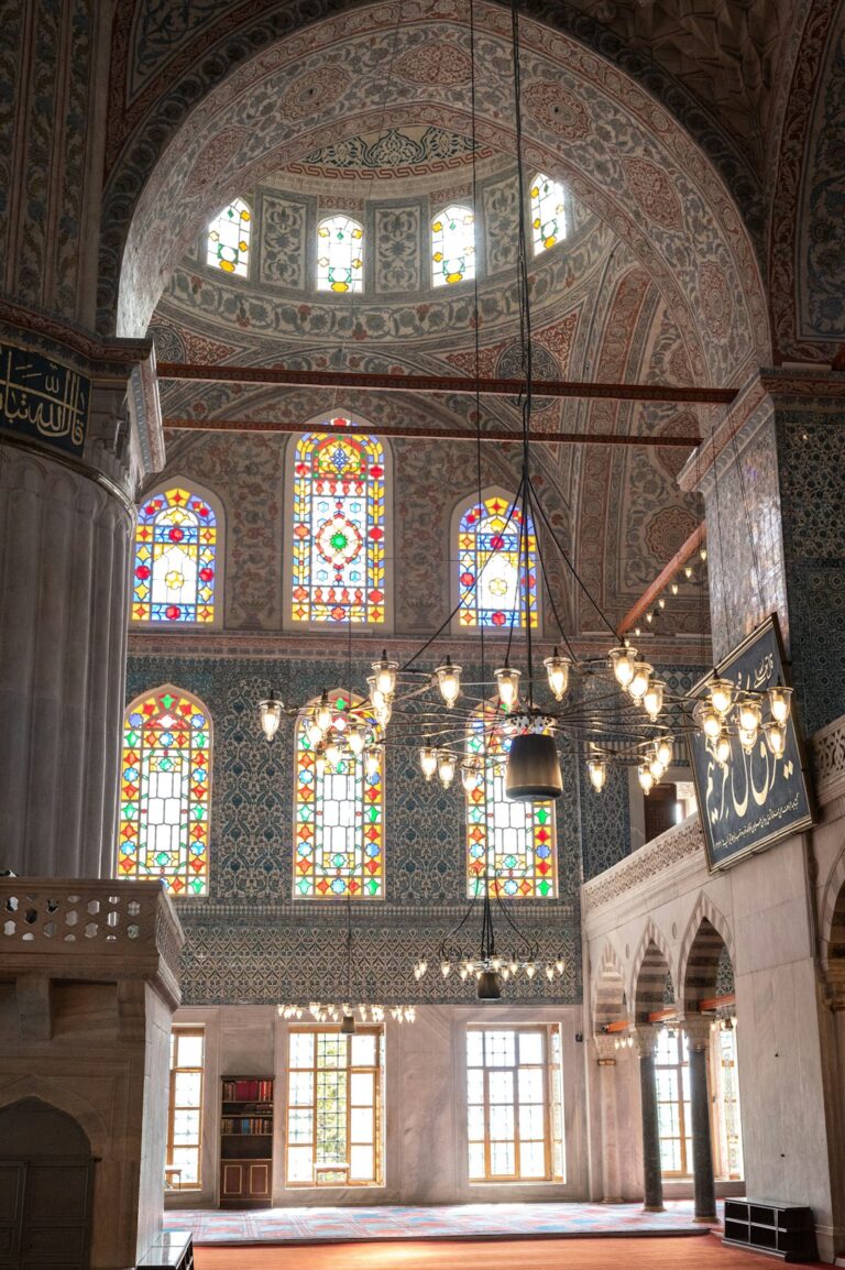 The inside of a building with stained glass windows