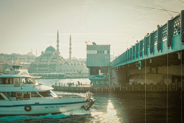 A boat sails near a bridge and mosque.