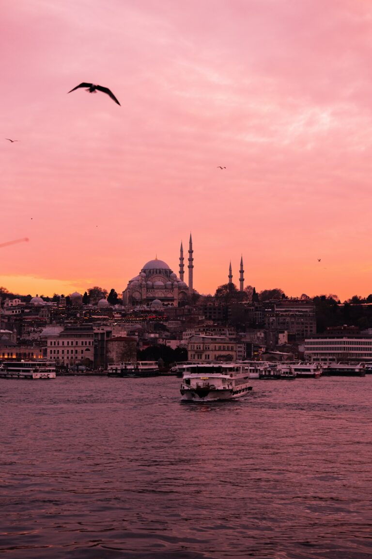 A mosque and boats bask in a pink sunset.